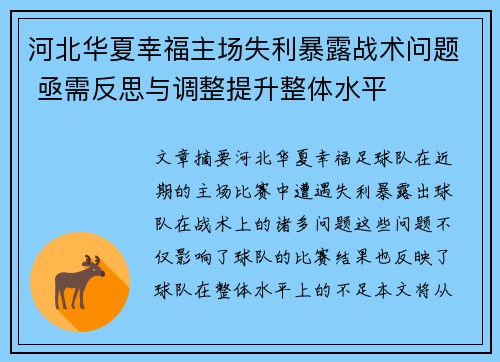 河北华夏幸福主场失利暴露战术问题 亟需反思与调整提升整体水平